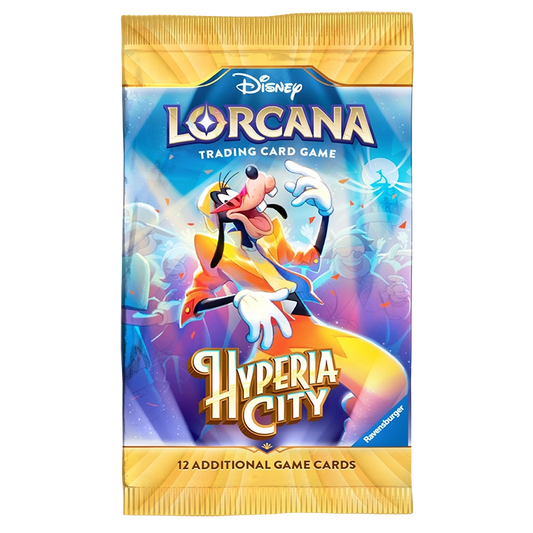 A pack of Disney Lorcana Trading Card Game Hyperia City booster packs, featuring Goofy on a bright blue and purple background with gold borders.