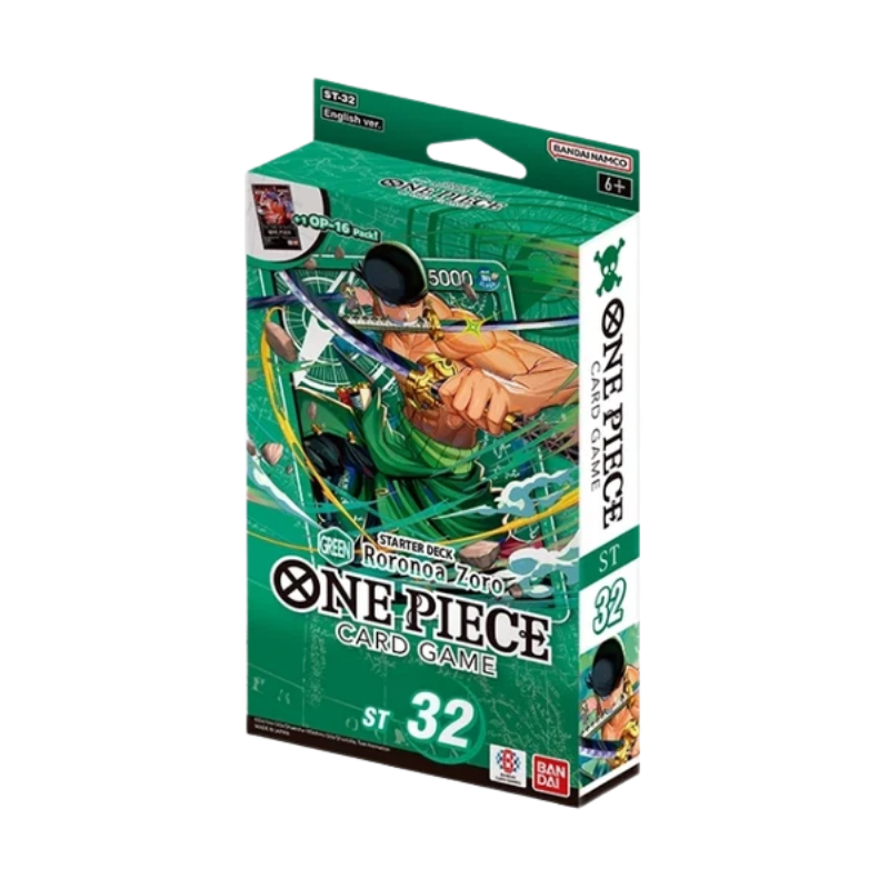One Piece Card Game ST 32 card box featuring Roronoa Zoro artwork on a green background, with visible One Piece and Bandai branding.