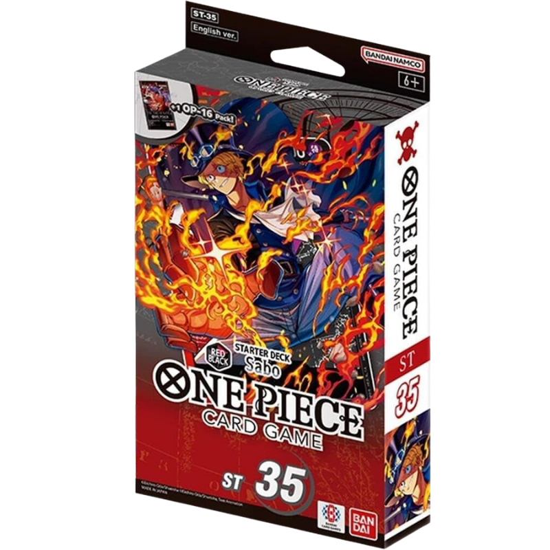 One Piece Card Game ST-35 Starter Deck box, featuring colorful anime artwork of Sabo and Nico Robin surrounded by flames, with red and black packaging design.
