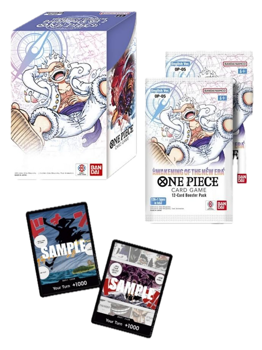 One Piece Card Game 15 Card Booster Pack set including a blue and white illustrated box, two booster packs, and two sample cards