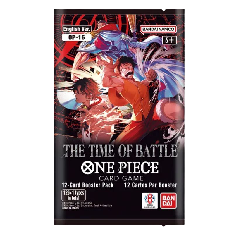 Front of a One Piece Card Game booster pack, English Ver. OP-16, featuring anime artwork of Luffy, Zoro, and Sanji on a black package with white and red text.