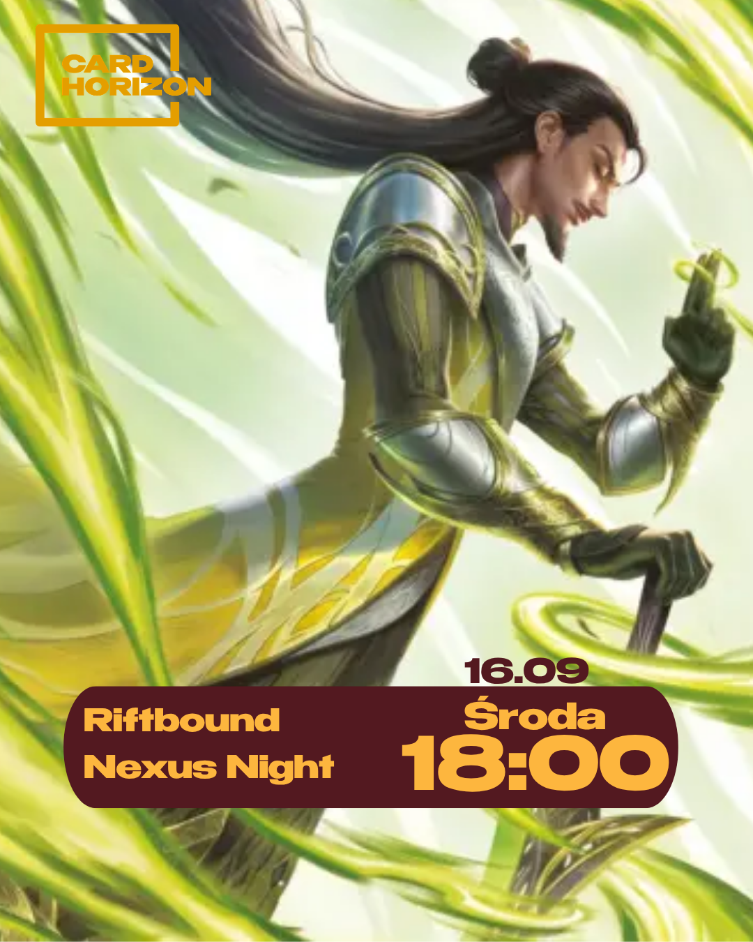 Promotional artwork for Card Horizon featuring a fantasy warrior in metallic green and gold armor against a swirling light background, with text reading 'Riftbound Nexus Night' and '16.09 Sroda 18:00'.