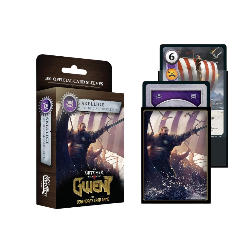 Witcher and the Clueix Legendary Card Game card sleeves and cards shown on a plain white background, including the retail box, a stack of sleeves, and two sample cards.