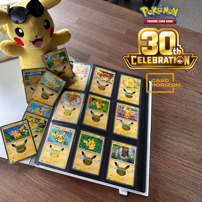 A Pokémon trading card display page holding multiple Pikachu-themed cards, with several cards fanned out beside it on a wooden table. A yellow Pikachu plush wearing black sunglasses sits at the upper left.
