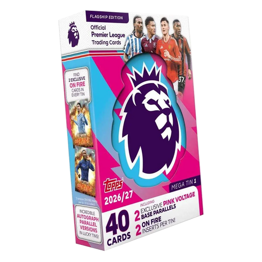 Topps Premier League 2026/27 Flagship Edition trading card tin box packaging, featuring a large purple lion logo on a pink and blue design with player photos and product details.