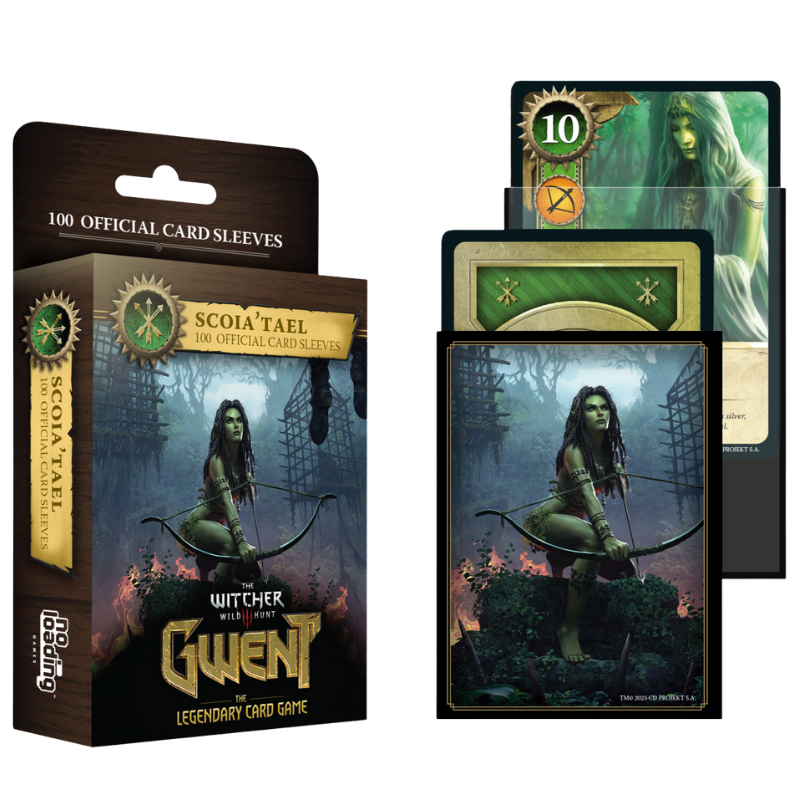 Witcher with Fate: Gwent official card game set shown with its retail box, a stack of green-themed card sleeves, and sample cards on a plain white background.