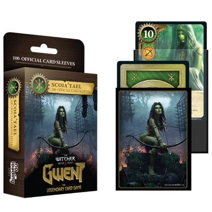 Witcher with Fate: Gwent official card game set shown with its retail box, a stack of green-themed card sleeves, and sample cards on a plain white background.