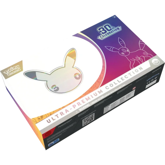 Pokémon Ultra-Premium 3D Celebration 10,000-card box featuring holographic artwork of Pikachu and Eevee on a white, purple, and black background.