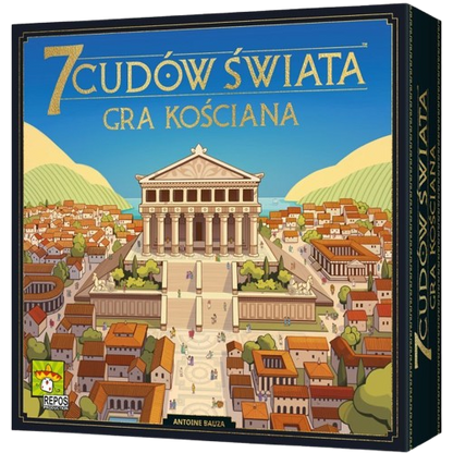 Polish board game box for '7 Cudów Świata' by Antoine Bauza, published by Repos. The front cover features a colorful illustration of an ancient Greek or Roman city with a large classical temple on a hill, surrounded by terracotta-roofed buildings under a bright blue sky.