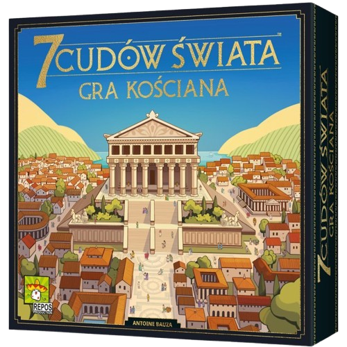 Polish board game box for '7 Cudów Świata' by Antoine Bauza, published by Repos. The front cover features a colorful illustration of an ancient Greek or Roman city with a large classical temple on a hill, surrounded by terracotta-roofed buildings under a bright blue sky.
