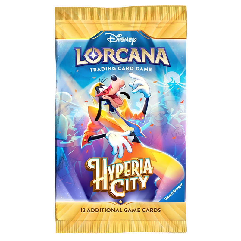 A pack of Disney Lorcana Trading Card Game Hyperia City booster packs, featuring Goofy on a bright blue and purple background with gold borders.