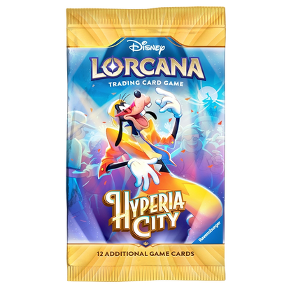 A pack of Disney Lorcana Trading Card Game Hyperia City booster packs, featuring Goofy on a bright blue and purple background with gold borders.