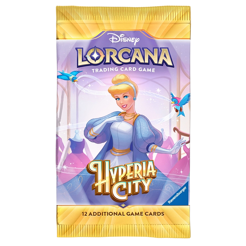 A pack of Disney Lorcana Trading Card Game Hyperia City cards, featuring Cinderella on the front cover with a gold and purple design.