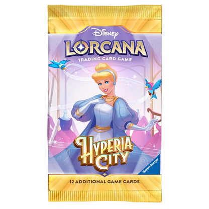 A pack of Disney Lorcana Trading Card Game Hyperia City cards, featuring Cinderella on the front cover with a gold and purple design.