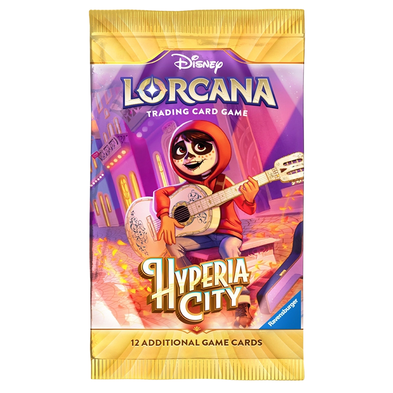 A pack of Disney Lorcana Trading Card Game 'Hyperia City' booster packs, featuring colorful Day of the Dead themed artwork with a character playing a guitar, set against a plain white background.