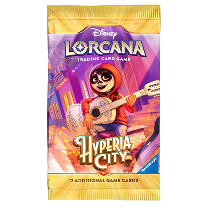 A pack of Disney Lorcana Trading Card Game 'Hyperia City' booster packs, featuring colorful Day of the Dead themed artwork with a character playing a guitar, set against a plain white background.