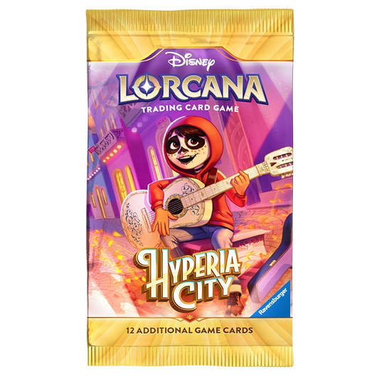 A pack of Disney Lorcana Trading Card Game 'Hyperia City' booster packs, featuring colorful Day of the Dead themed artwork with a character playing a guitar, set against a plain white background.