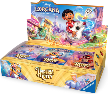 Disney Lorcana Hyperia City trading card game booster box display with multiple booster packs inside and a colorful illustrated back panel showing characters and fantasy scenery.