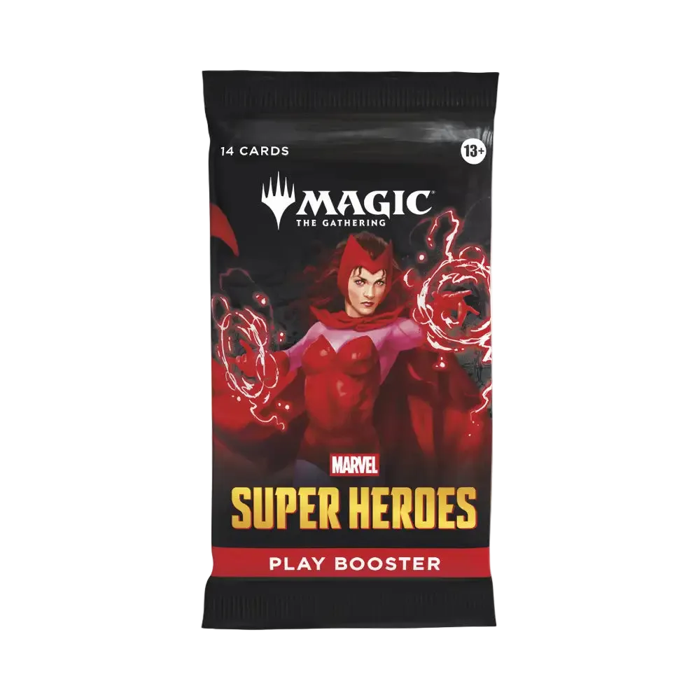 Pack of 'Magic: The Gathering' Marvel Super Heroes play booster with superhero design on a white background. 