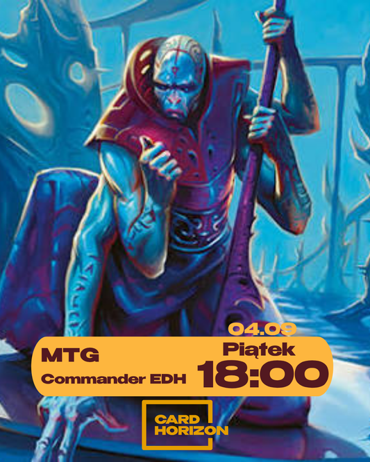Promotional artwork for a Magic: The Gathering Commander EDH game, featuring a blue-skinned fantasy character holding a staff against a blue-toned illustrated background. Large orange text at the bottom reads 'MTG Commander EDH 18:00' with the Card Horizon logo below.