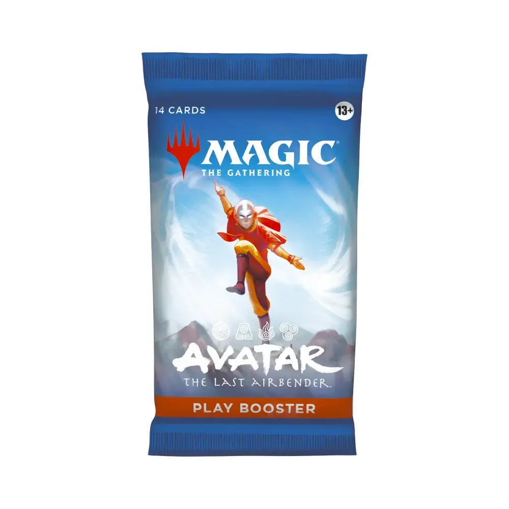 Magic: The Gathering Avatar: The Last Airbender play booster pack featuring a blue background with the Avatar character floating in the center and 'Play Booster' printed at the bottom.