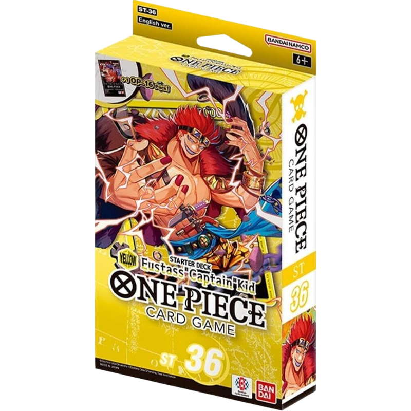 One Piece Card Game Starter Deck box featuring Captain Kid artwork on a yellow and black packaging design, with Bandai Namco branding visible.