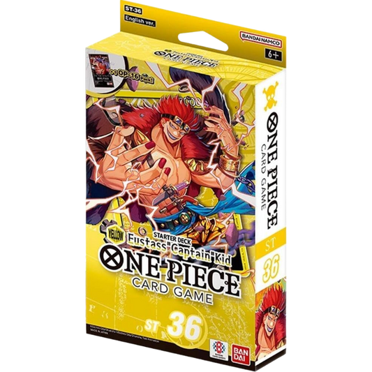 One Piece Card Game Starter Deck box featuring Captain Kid artwork on a yellow and black packaging design, with Bandai Namco branding visible.