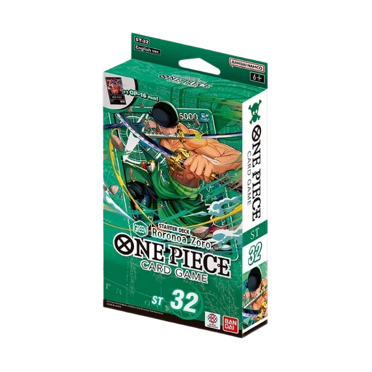 One Piece Card Game ST 32 card box featuring Roronoa Zoro artwork on a green background, with visible One Piece and Bandai branding.