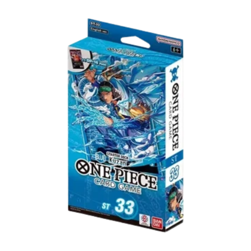 One Piece Card Game ST 33 Booster Pack box by Bandai, featuring blue and white packaging with anime artwork of a character with flowing blue hair.