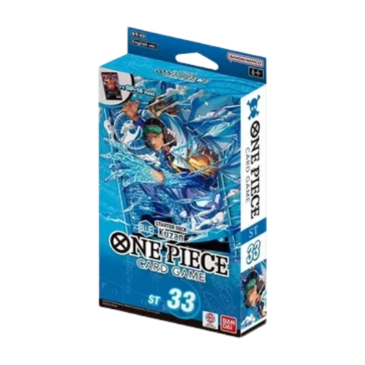One Piece Card Game ST 33 Booster Pack box by Bandai, featuring blue and white packaging with anime artwork of a character with flowing blue hair.