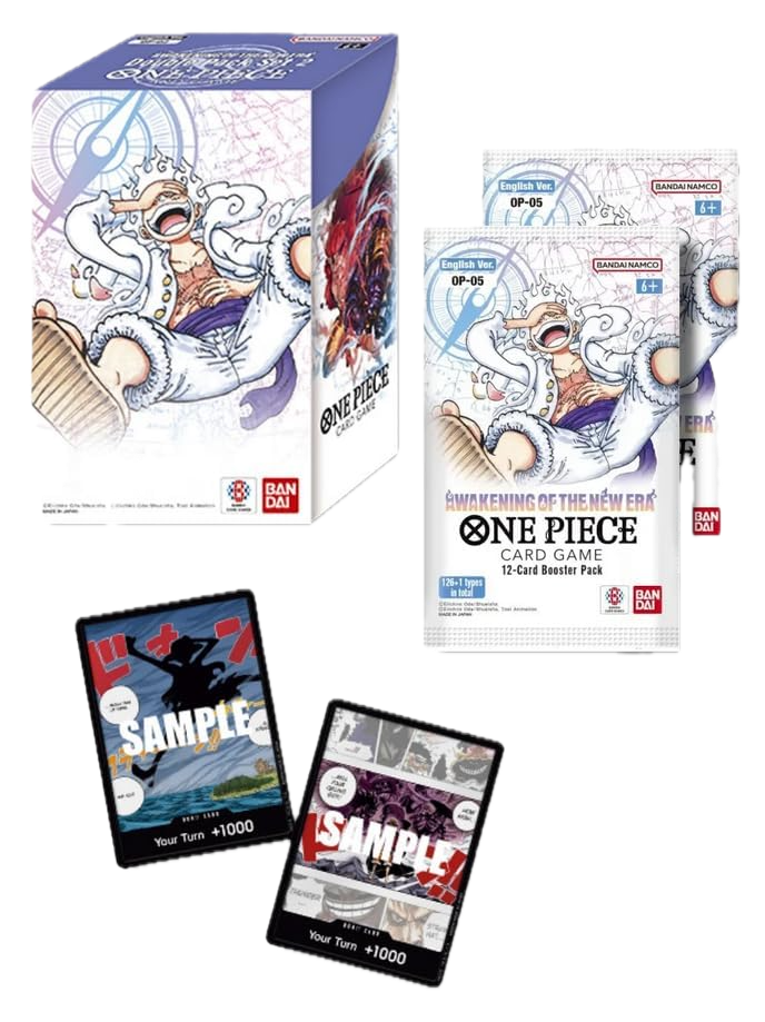 One Piece Card Game 15 Card Booster Pack set including a blue and white illustrated box, two booster packs, and two sample cards