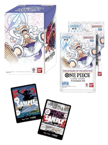 One Piece Card Game 15 Card Booster Pack set including a blue and white illustrated box, two booster packs, and two sample cards