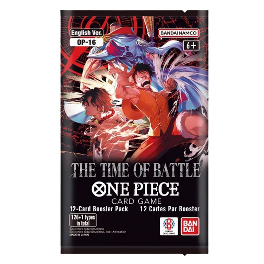 Front of a One Piece Card Game booster pack, English Ver. OP-16, featuring anime artwork of Luffy, Zoro, and Sanji on a black package with white and red text.