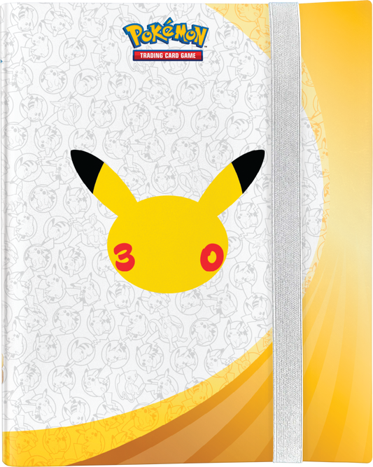 Pokémon Trading Card Game notebook cover featuring Pikachu's face on a white patterned background with yellow accents and an elastic closure band.