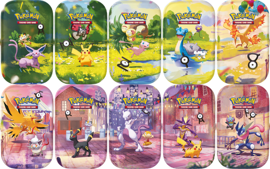 Ten Pokémon Trading Card Game storage mini tin arranged in two rows of five on a white background. Each box features a different colorful Pokémon scene from the respective game, including characters like Pikachu, Eevee, Mew, and more.