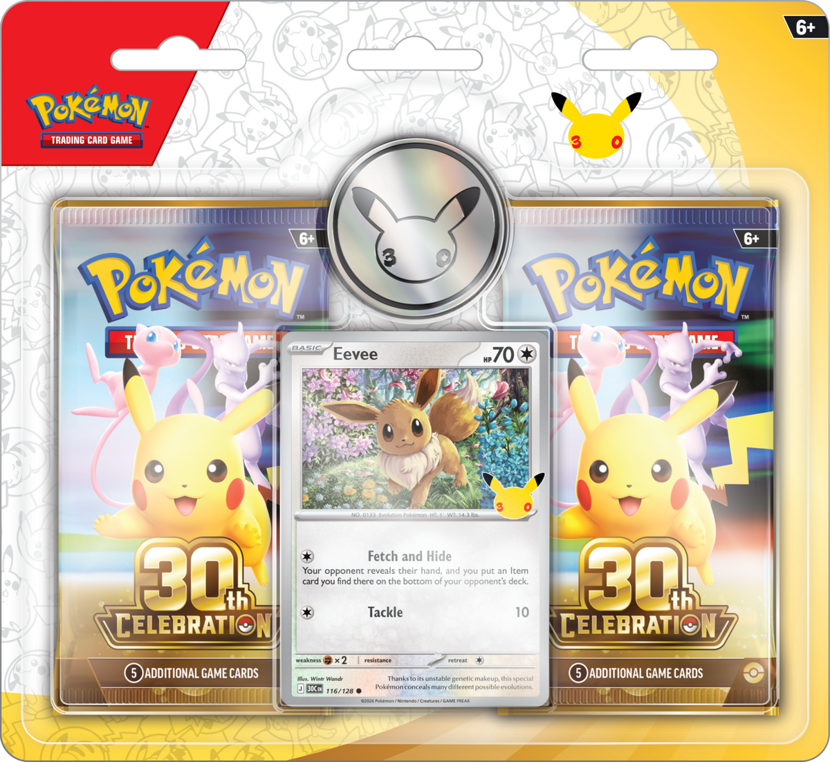 Pokémon Trading Card Game 30th Celebration card pack set in blister packaging, featuring a Eevee card in the center with two booster packs behind it and a silver foil seal above.