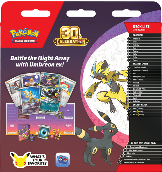 Pokémon Trading Card Game 30th Celebration deck box packaging featuring Umbreon ex, with illustrated card art, a deck list sidebar, and Pokémon branding on a dark purple background.