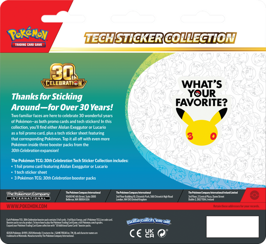 Pokémon Tech Sticker Collection card back featuring a 30th Anniversary design with a green-to-white gradient, Pikachu graphic, and product details on a dark gray footer.