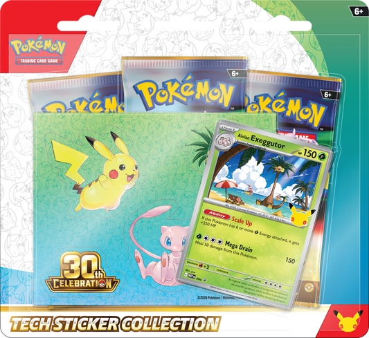 Pokémon Trading Card Game Tech Sticker Collection 30th Celebration packaging, featuring a green Pikachu and Mew sticker sheet, three blue booster packs, and a James Exeggouto card displayed on a white and green cardholder.