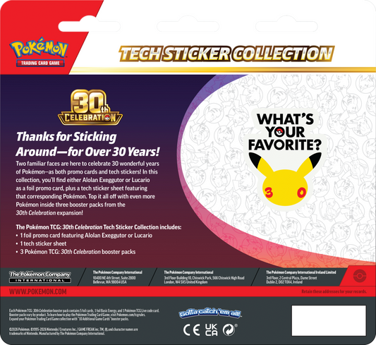 Pokémon Tech Sticker Collection 30th Anniversary sticker card set packaging, featuring a 30th Celebration theme with text, logos, and a yellow Pikachu face on a white, purple, and red card design.