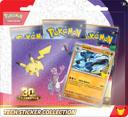 Pokémon 30th Celebration sticker collection in a clear plastic blister pack with a purple Pikachu and Mew card backer and several blue Pokémon-branded sticker sleeves visible behind it.