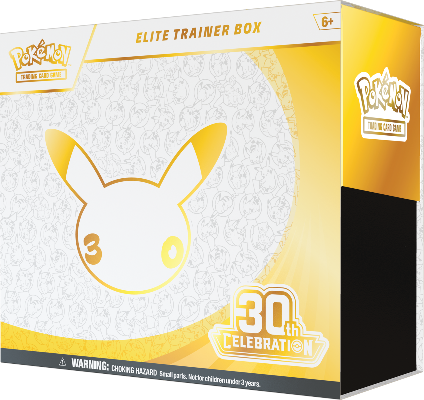 Pokémon Trading Card Game Elite Trainer Box 30th Celebration packaging, featuring a white and gold design with a large Pikachu outline on the front.