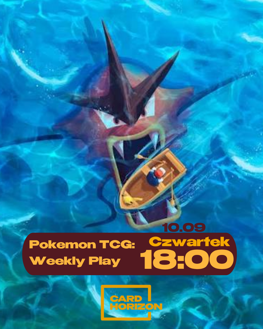 Promotional graphic for a Pokémon TCG weekly play event, featuring a large blue water-themed background with a Pokémon character in a small boat and text reading 'Pokémon TCG: Czwartek Weekly Play 18:00' and 'Card Horizon'.