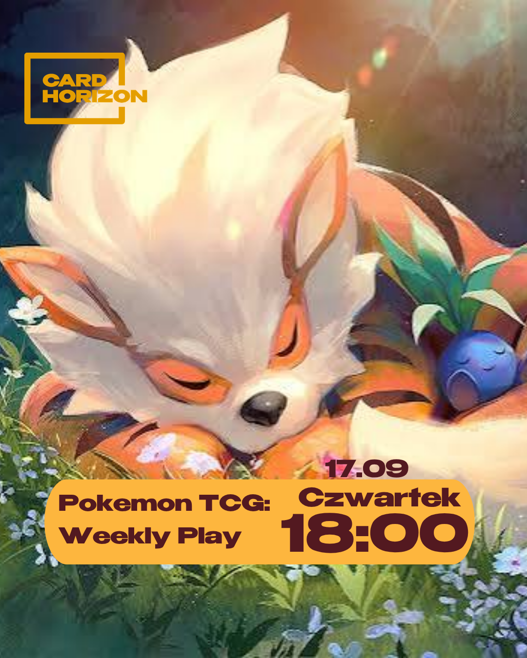 Promotional graphic for Card Horizon featuring a sleeping white fox Pokémon with orange accents, surrounded by green foliage and a blue berry. Text overlays read 'Card Horizon', 'Pokemon TCG: Czwartek Weekly Play', and '17.