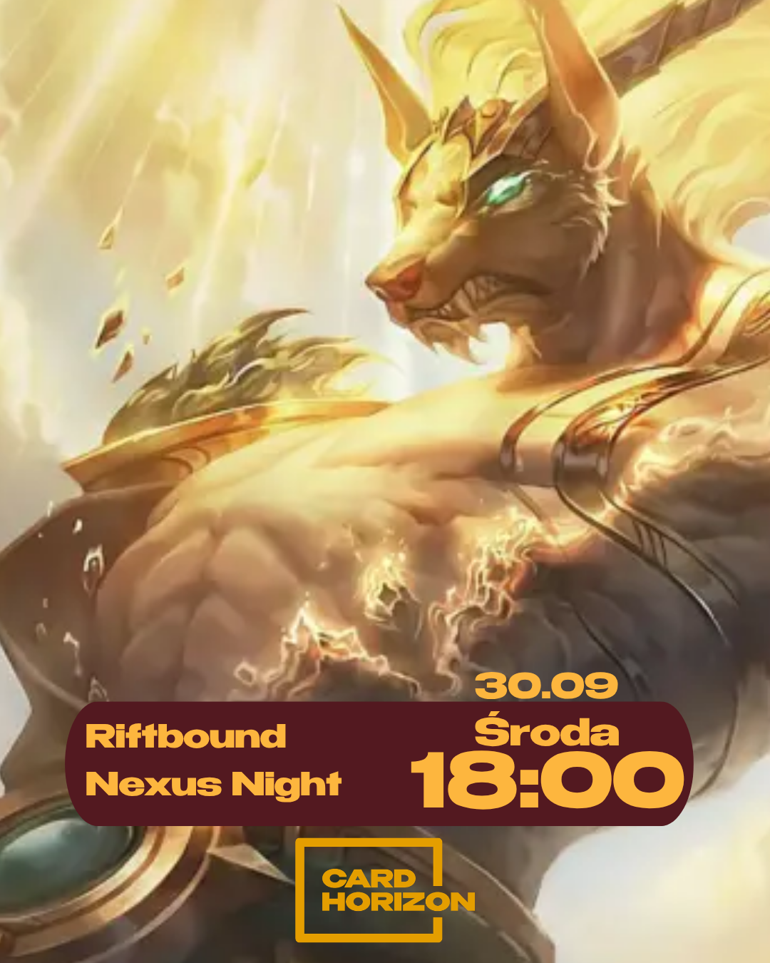 Nasus - postać z lol - obrazek zapowiadający event turniejowy w karciankę riftbound Nexus night, każda środa na Madalińskiego 21 w Warszawie
