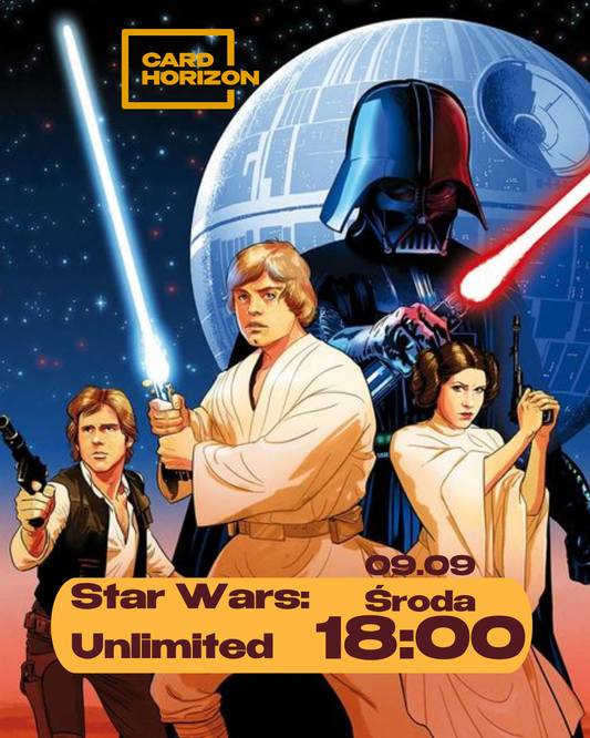 Promotional poster for Star Wars: The Rise of Skywalker / Card Horizon event, featuring Luke Skywalker, Han Solo, Princess Leia, and Darth Vader in front of the Death Star, with text reading 'Star Wars: čroda Unlimited 18:00' and the Card Horizon logo.
