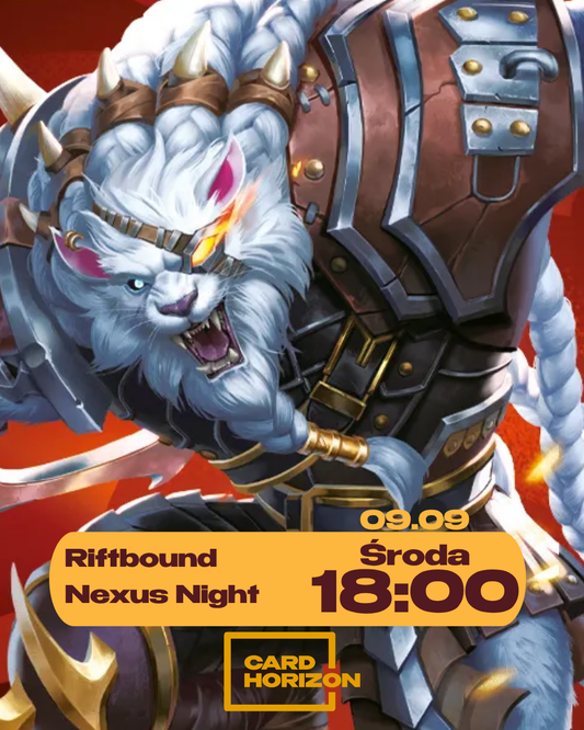 Promotional artwork for Card Horizon showing a large white-furred fantasy beast in armor on a red-orange background, with event text reading 'Riftbound Nexus Night' and '09.09 Šroda 18:00'.