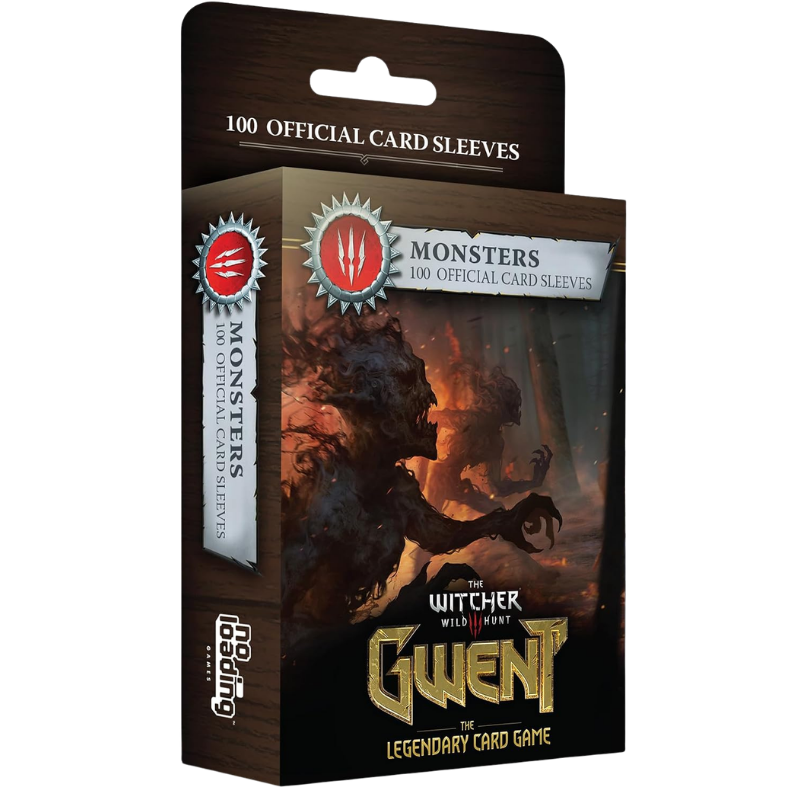 The Witcher Wild Hunt Gwent Monsters Official Card Sleeves card deck box by Loopy Cards, featuring monster artwork on a dark brown background.