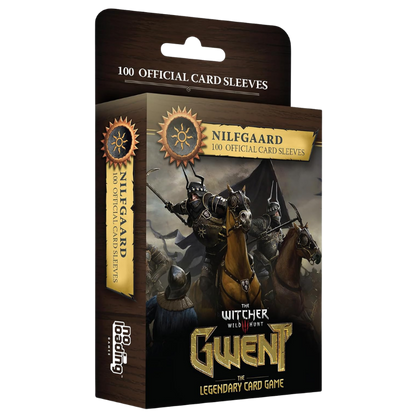 Box packaging for the 'Gwent: The Witcher Wild Hunt' card game, featuring 100 official card sleeves. The box has a dark wood-grain background with gold accents and an illustration of armored knights on horseback.