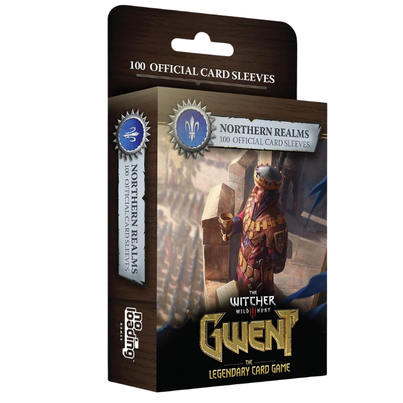 The Witcher Wild Hunt: Gwent 100 Official Card Sleeves card box by Loopy Games, featuring artwork of a warrior in armor and a dark brown packaging design.